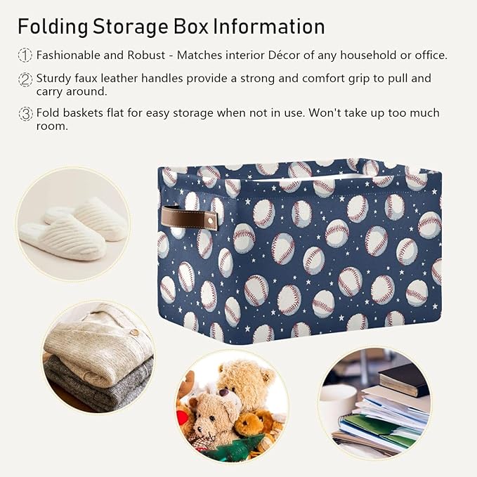ALAZA Baseball Star Blue Sport Foldable Storage Box Storage Basket Organizer Bins with Handles for Shelf Closet Living Room Bedroom Home Office 2 Pack