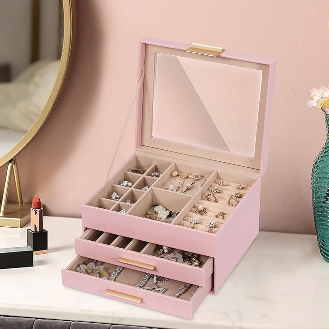3-Layer Jewelry Box for Women, Jewelry Organizer with Glass Lid and Drawers, Jewelry Organizers and Storage for Necklaces, Rings, Earrings, Bracelets - White/Green/Black/Pink