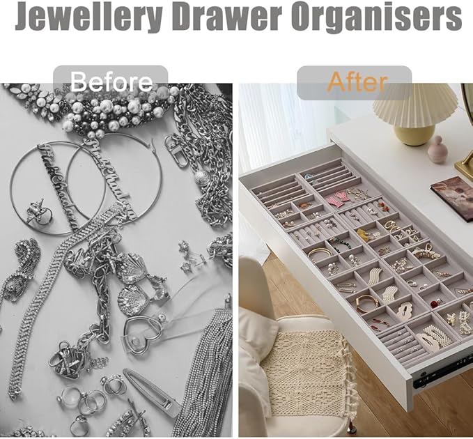 10 Pack Jewelry Organizer Tray Drawer Inserts Stackable Velvet Liner Dividers Customizable Jewellery Box Foam Ring Earring Holder Necklace Bracelet Storage Display Dish Flat in Dresser Vanity
