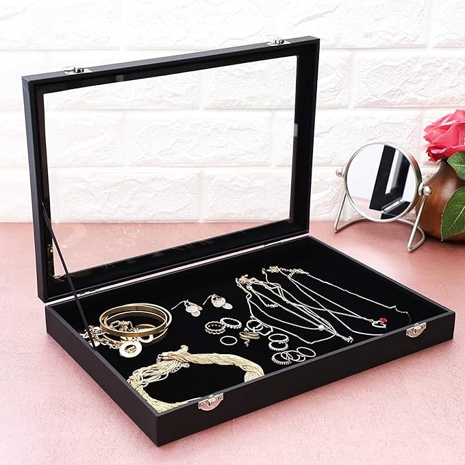 Juvale Black Velvet Jewelry Display Case Tray - 13.75 x 9.5 x 2 In - Glass Top Jewelry Box & Organizer