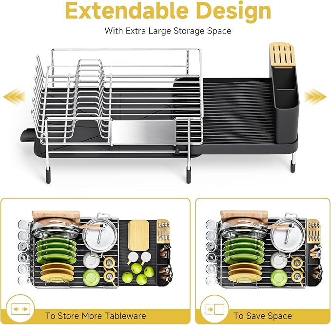 Urackify Large Dish Drying Rack - 304 Stainless Steel Dish Rack for Kitchen Counter, Extendable Dish Drainers with Cutlery & Cup Holders, Black