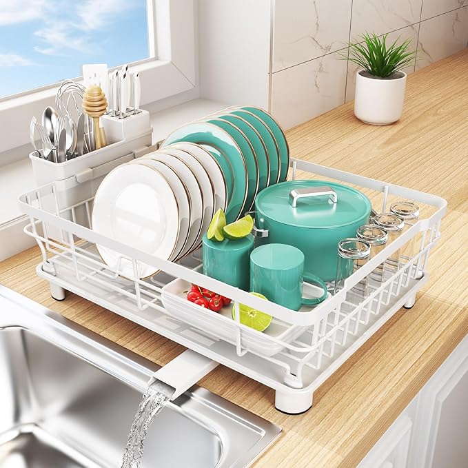 Ricobes Dish Drying Rack - Space Saving Dish Rack - Dish Racks for Kitchen Counter with Drainboard,Rustproof Dish Drainer with Removable Utensil Holder,White