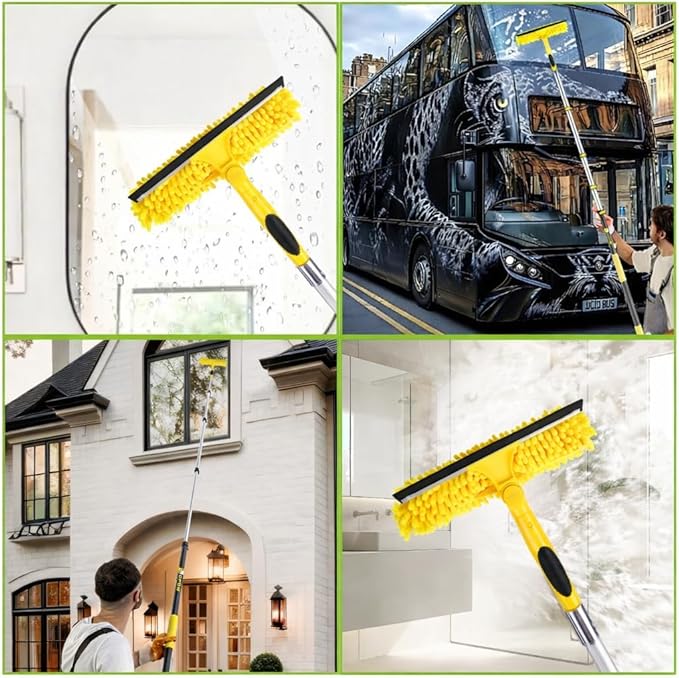 150'' Long Reach Window Squeegee with Telescoping Extension Pole, 2-in-1 Indoor/Outdoor Cleaning Tool with 270° Rotatable Head, Lightweight Alloy Aluminum Pole for Shower Door, Mirror, Car Windshield