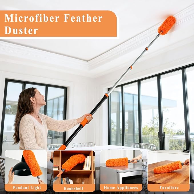 PuliKit 20ft High Ceiling Duster Kit with 4-12ft Heavy-Duty Extension Pole, Cobweb Duster, Ceiling Fan Duster, Window Squeegee & Cleaner, Microfiber Duster, Wall Mop for Home High Reach Cleaning