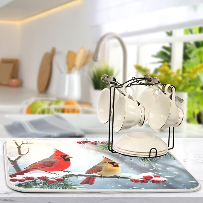 Winter Cardinal Birds Dish Drying Mat for Kitchen Countertop 18x24 Christmas Poinsettia Berry Snow Large Drying Mat Reusable Quick Dry Dish Sink Mats Easy Clean Decorative Essentials