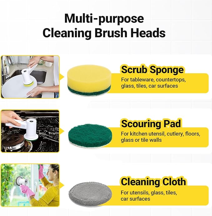 StarVal Electric Spin Scrubber, 3000 mAh Cordless Power With 8 Replaceable Heads, Dual Speed Lightweight Handheld for Cleaning Stove/Bowl/Sink/Corner/Tile/Grout (White)
