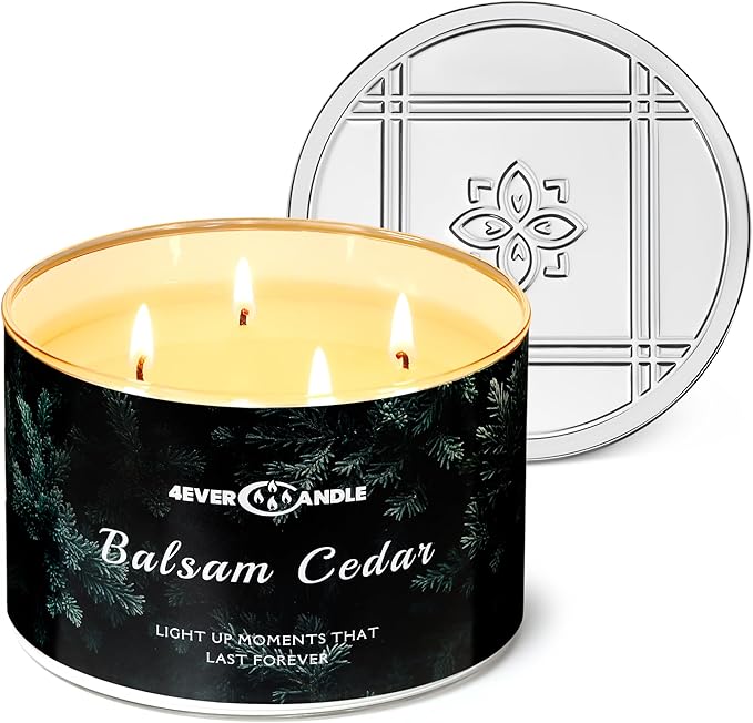 4EVER Scented Candles | 4-Wick 18oz Soy Wax Candle | Up to 50Hrs Clean Burn | Aromatherapy Candles for Home Scented | Gifts for Women & Mom, Balsam Cedar