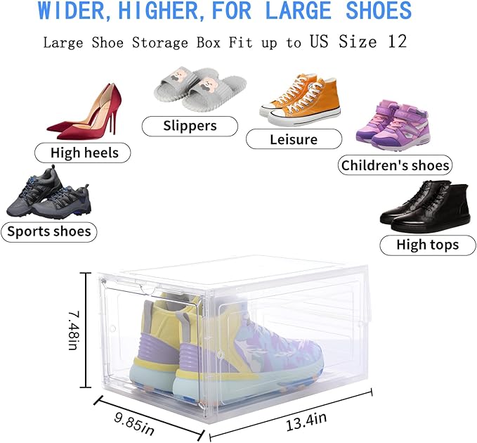 Large Clear Shoe Storage Boxes Stackable, 12 Pack Hard Plastic Shoe Storage Organizer with Magnetic Door, Shoe Container Sneaker Storage Display Case Fit up to US Size 12 Clear