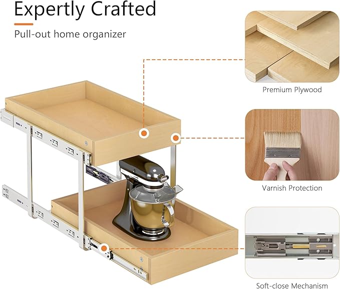 WelFurGeer 2-Tier Pull Out Cabinet Organizer with Soft Close Slides, Pull Out Drawers for Cabinets, Heavy-Duty Slide Out Drawers for Kitchen Cabinets, Under Sink, Pantry & Bathroom