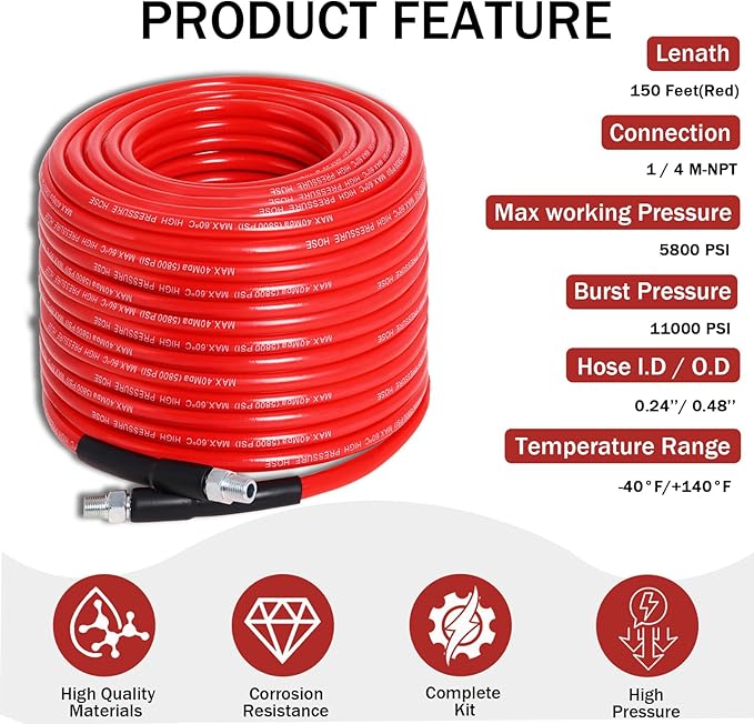 Zejoot Sewer Jetter Kit for Pressure Washer 150FT, 5800PSI Drain Cleaner Hose 1/4 Inch NPT Corner with 5 Sewer Jetting Nozzles，Waterproof Tape，Pearl Corsage Pin & 2 Spanners (Red)