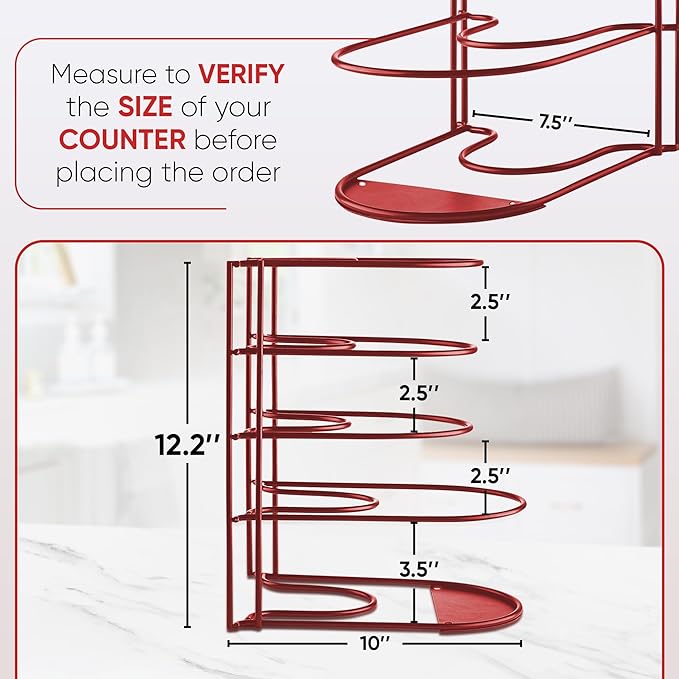 Extreme Matters Heavy-Duty Pots and Pans Organizer | 5-Tier Cookware & Lid Storage Rack | Free-Standing or Wall-Mount | Kitchen Organizer for Cast Iron Skillets, Pots, Frying Pans, Lids | Red