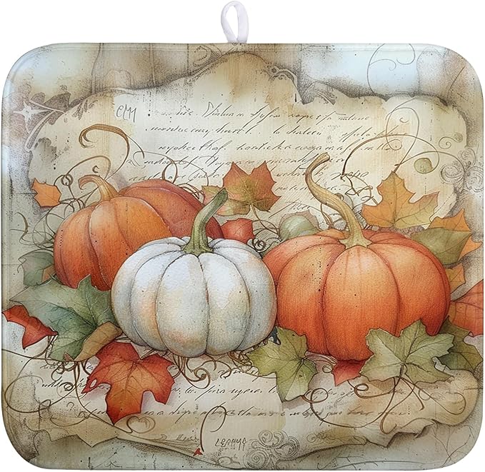 Wnoesat Fall Pumpkin Maple Leaf Dish Drying Mat for Kitchen Counter 16x18 Inch Vintage Autumn Leaves Thanksgiving Drying Mat Seasonal Ultra Absorbent Dish Drainer Rack Mats for Coffee Bar Kitchen