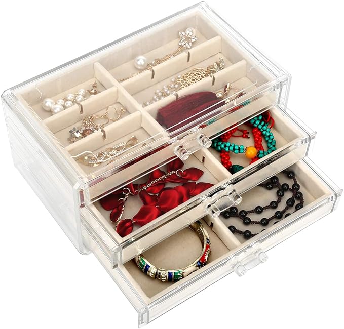 Acrylic Jewelry Organizer Makeup Cosmetic Storage Organizer box Clear Jewelry Case with 3 Drawers Adjustable Jewelry Box Velvet Trays grid size