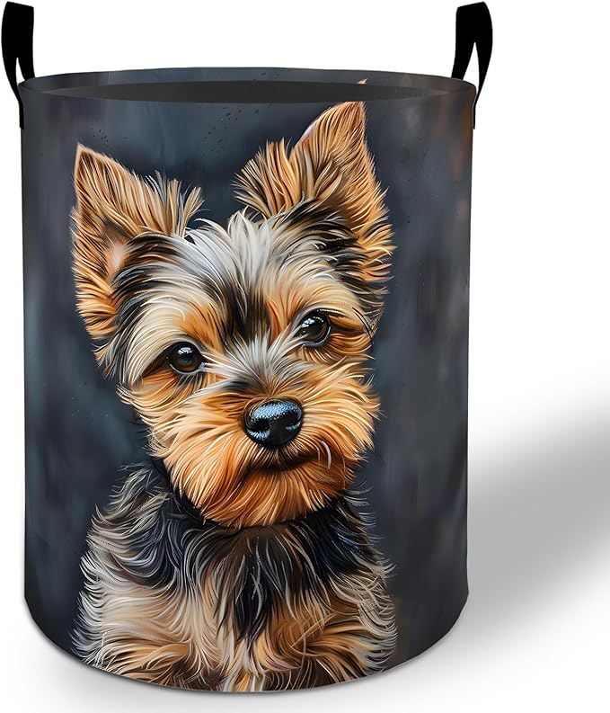 Yorkshire Terrier Laundry Basket Hamper 19.7"x15.8", Cute Dog Foldable Waterproof Oxford Clothes Storage Bucket for Room Bathroom Bedroom Nursery Decor, Toy Organizer Bins Gifts for Kids Boys Girls