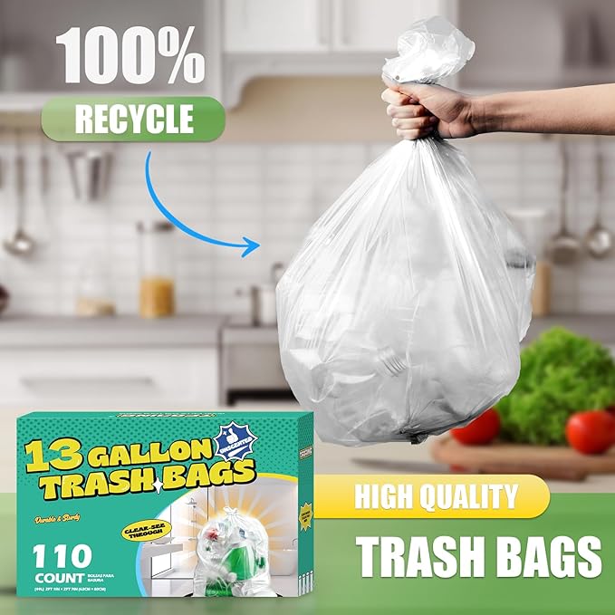 T.FORING 13 Gallon Tall Kitchen Trash Bags - 110 Count Clear Plastic Garbage Bags Unscented Trash Can Liners Strong Waste Basket Bags 49.2 Liter for Home and Office Bins