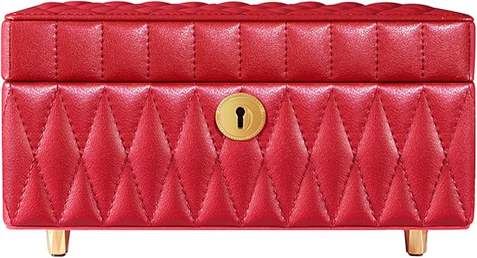 Genuine Leather Jewelry Box – 2 Layer Large Jewelry Organizer with Mirror, Lockable Jewelry Box for Women – Necklace, Ring, Earring Organizer with Drawer – Gift (Red)
