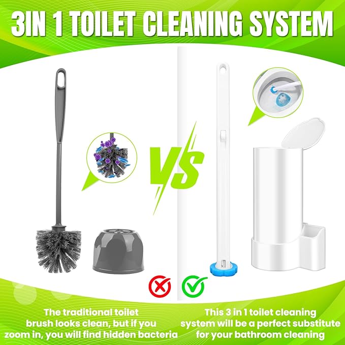 KOKL Disposable Toilet Brush, Toilte Wand Kit, Toilet Bowl Cleaner Brush with 12 Wand Refills, Toilet Cleaning Supplies, Toilet Brush and Storage Caddy, Toilet Cleaning System for Bathroom Maintenance