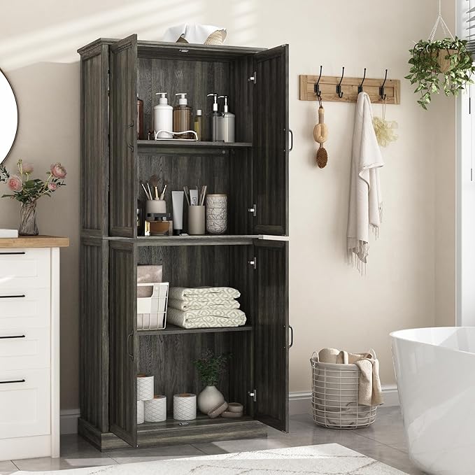71'' Tall Pantry Cabinet Set of 3, Farmhouse Kitchen Pantry Storage Cabinet with Barn Door and Adjustable Shelves, Rustic Wood Freestanding Cupboard for Kitchen, Dining Room, Grey