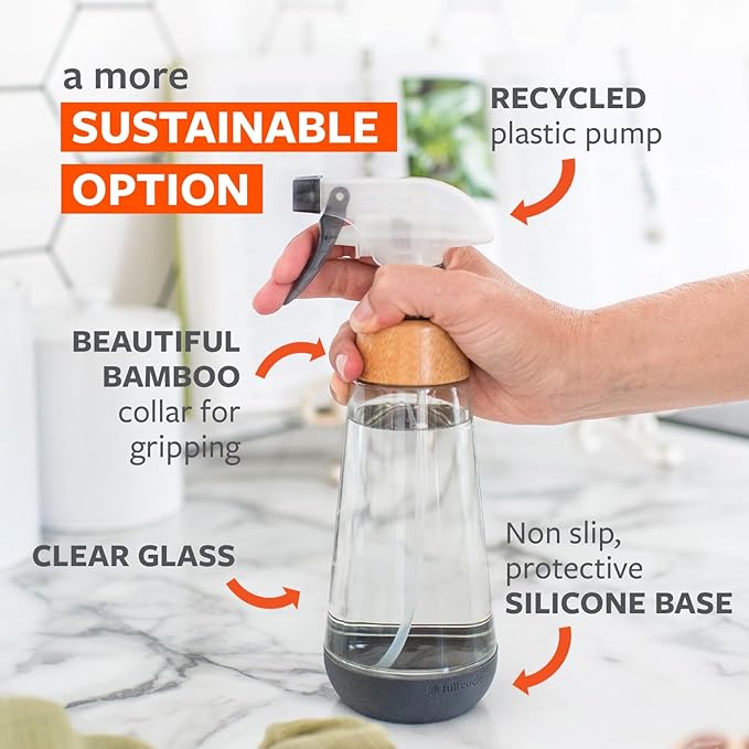 Full Circle Bottle Service-Refillable Glass Spray Bottle-Versatile Stream & Mist Options,Bamboo with Protective Silicone Boot-Ideal for Non-Toxic Cleaning Solutions & Plant Care,16oz Gray,3 Pack