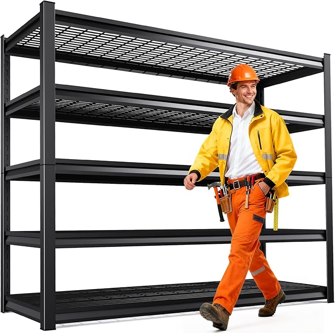 5-Tier 72”H Garage Shelving, Adjustable Garage Shelves, 3000 Lbs Storage Shelves Heavy Duty, Garage Shelf for Tool Organization, Storage Shelves for Basement, Warehouse, Black (72''H×59''W×19.8''D)
