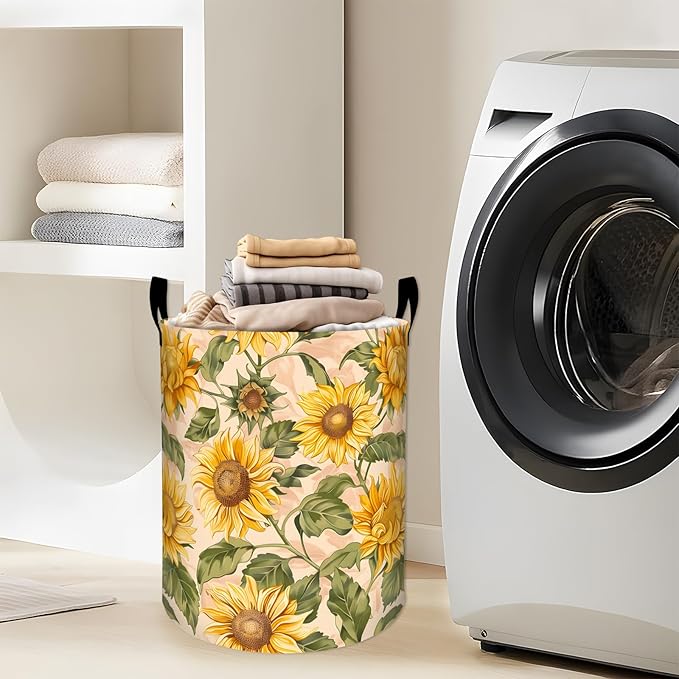 Golden Sunflower with Lush Green Leaves Laundry Basket with Handles, 19.7"x15.7" Clothes Foldable Floral Laundry Hamper Organizer for Dorm Nursery Bedroom Bathroom Decor, Toy Storage Bin for Kids