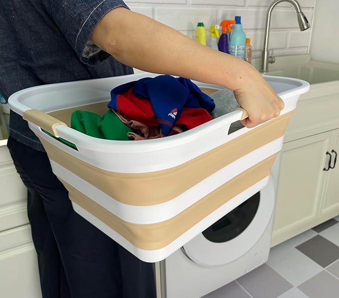 SAMMART 42 (11 Gallons) Collapsible Plastic Laundry Basket, Foldable Pop Up Storage Container/Organizer, Space Saving Hamper, Portable Bin for Dorm Room Bathroom (2, White/Beige)