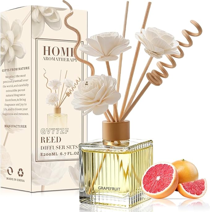 Grapefruit Reed Diffuser Set - 6.7 oz Glass Bottle with 4 Rattan Sticks, 3 Dried Flowers | Adjustable, Long-Lasting Scent for Home, Bedroom, Living Room, Office, Bathroom | Aromatherapy Gift Set