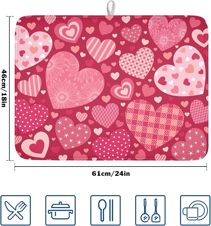 ABSOP Valentine's Day Dish Drying Mat 18 x 24 Inch Heart Shaped Pattern Dish Drying Pad Absorbent Microfiber Mats for Red Dish Rack Pad for Kitchen Counter Coffee Bar Decor