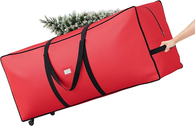 ELYKEN 7.5FT Christmas Tree Storage Bag with Wheels, Rolling Storage Bag for Artificial Christmas Tree and Decorations, Heavy Duty 600D Oxford Fabric, Length-Adjustable Handles, Dual Zippers, Red