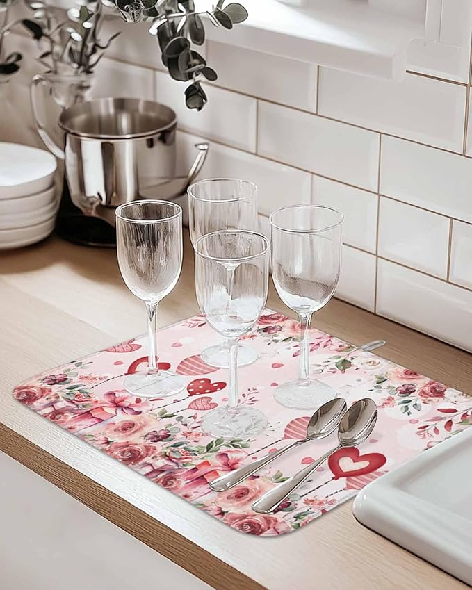 Valentine's Day Dish Drying Mat for Kitchen Counter Pink Love Heart Drying Pad Absorbent Drying Mats for Countertops Sinks Draining Racks Rose Gift Drainer Valentines Holiday Decorations 18x24 Inch