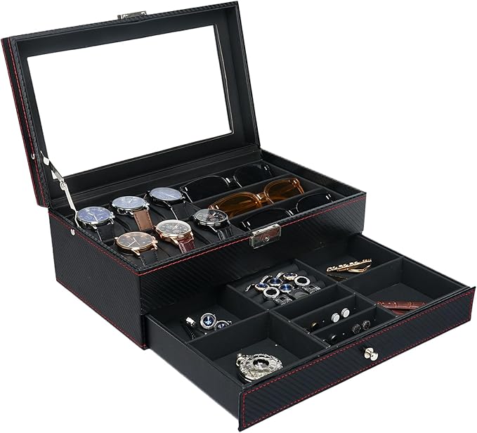 Jenseits Watch Box for Mens Jewelry Box, 6 Slot Watch Case & 3 Slot Sunglasses Organizer, Lockable PU Leather Jewelry Organizer Watch Display Storage W/Drawer For Rings Bracelets, Gift for Men Women