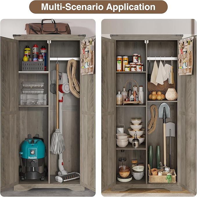 Farmhouse Rustic Grey Storage Cabinet with Adjustable Shelves, Large Pantry Organize with 2 Barn Doors, Tall Freestanding Cabinet for Kitchen, Bathroom, Garage, Living, Utility Room