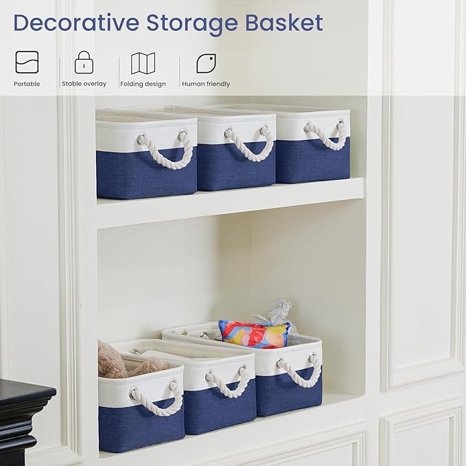 Storage Baskets for Shelves 11.8x7.9x5.2 Inch, Foldable Fabric Storage Bins with Handles, Small Storage Baskets for Organizing Closet, Office, Home Organization (1-Pack, White&Blue)