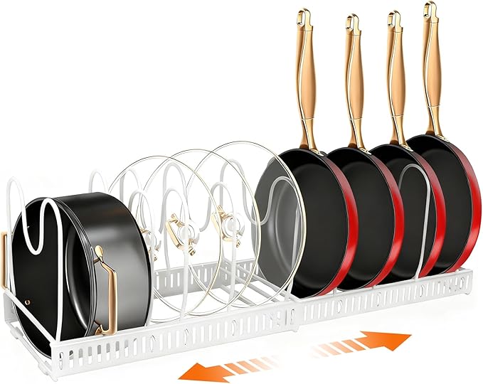 HuuDraLono Expandable Pots and Pans Organizer Rack for Under-Cabinet Storage - Adjustable Kitchen Cabinet Organizer with 13 Dividers, Cutting Board Holder & 6 Non-Slip Silicone Pads-White