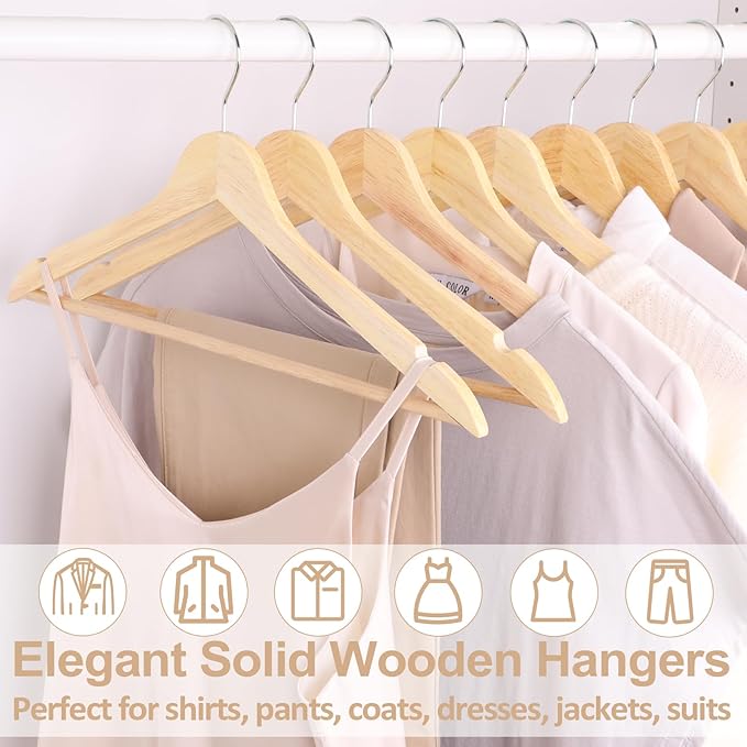 Solid Wood Hangers - 30 Pack with 360 Swivel Chrome Hook, Smooth Finish & Precisely Cut Notches, Slim Wooden Coat Hangers for Closet, Natural