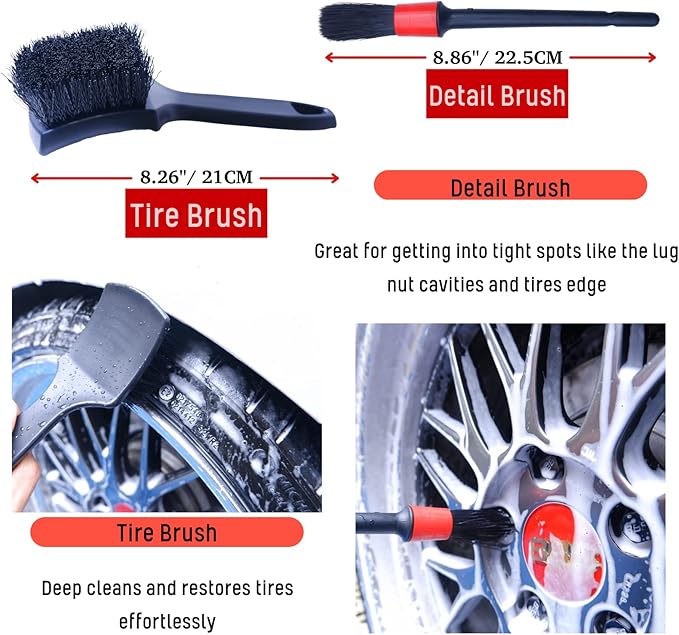 oesee Professional 4 Pack Long Handle Wheel Brush Kit for Cleaning Wheel and Tire- 2X Soft Wheel Cleaning Brush, Detailing Brush and Stiff Tire Brush, Bendable& Durable Wheel Rim Cleaner Brush Set