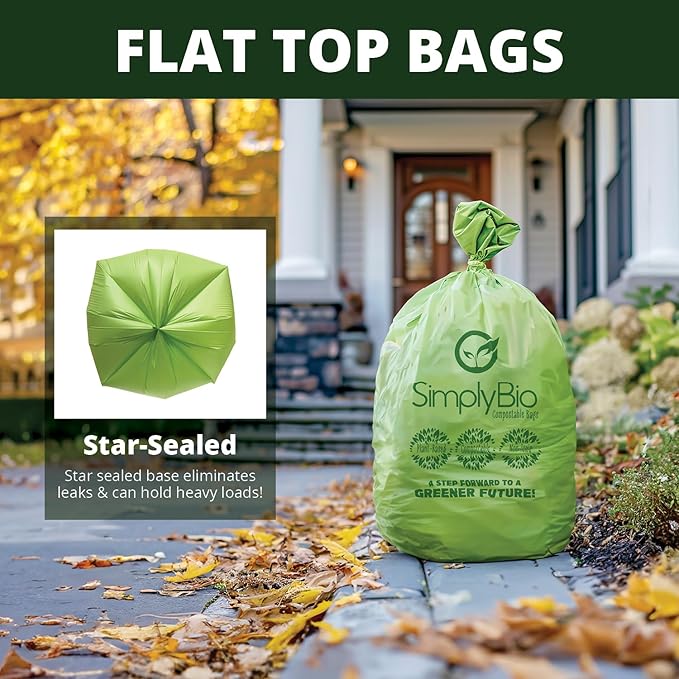 Simply Bio 60-65 Gallon Compostable Trash Bags Liners Flat-Top, Heavy Duty Extra Thick 2 Mil, 242.27 Liter, 12 Bags, Lawn, Yard, and Restaurant Use, ASTM D6400, US BPI, OK Compost Home Certified