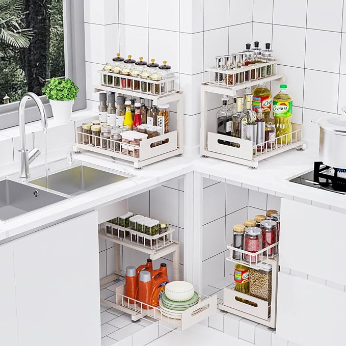 Toyear Under Sink Organizer, Heavy Duty Metal Pull Out Cabinet Organizer Slide Out Sink Shelf Organizer Height Adjustable, Multi-Purpose Storage Shelf for Kitchen Bathroom(Sand,2Pack)