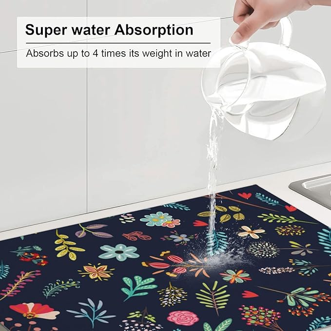 Large Dish Drying Mat for Kitchen Counter,18"X24" Colorful Flowers Plants Super Absorbent Reversible Microfiber Dish Drying Mat Dish Drainer Mat Drying Pad for Kitchen Countertop Coffee Bar