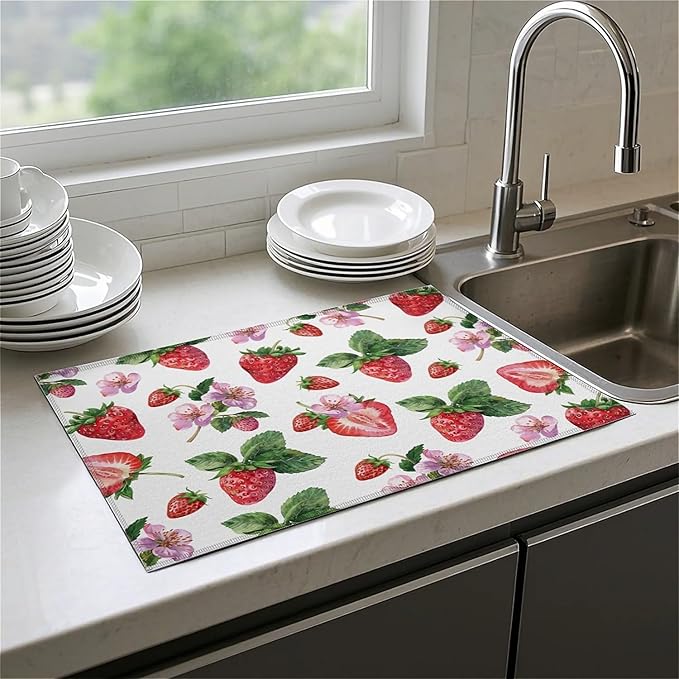 Dish Drying Mat For Kitchen Counter, Cute Watercolor Strawberries Microfiber Absorbent Dish Drainer Rack Pad Reusable Large 18x24in Drying Mat