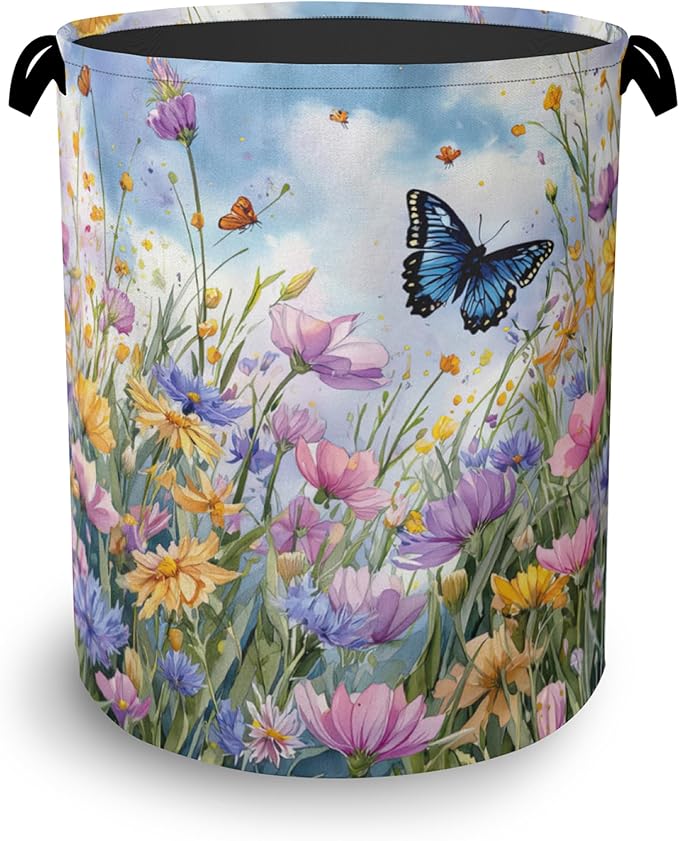 Wildflowers Butterfly Laundry Basket,Floral Garden Oxford Cloth Laundry Hamper with Handle Foldable Portable Clothes Storage Basket for Bathroom Bedroom Dorm Room 16" x 20.8"