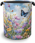 Wildflowers Butterfly Laundry Basket,Floral Garden Oxford Cloth Laundry Hamper with Handle Foldable Portable Clothes Storage Basket for Bathroom Bedroom Dorm Room 16" x 20.8"