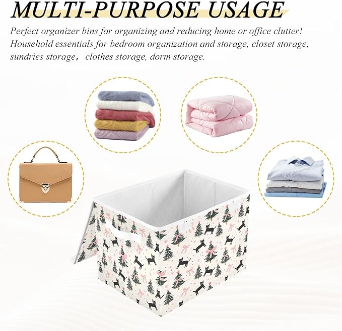 Bolaz Storage Bins with Lids and Handles,Pink Bows Cats Christmas Tree Pattern Storage Box Basket with Cover Collapsible Organizer Containers for Home Closet, Shelves