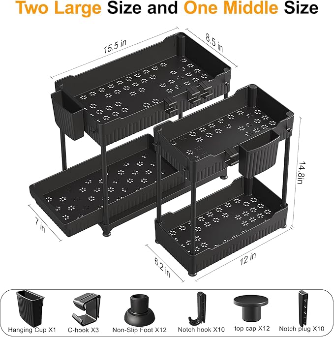 Sevenblue 3 Pack Under Sink Organizers, 2-Tier Multi-Use Kitchen and Bathroom Organizers and Storage with Sliding Drawers，Bathroom Cabinet Organizer (Black, 14.8 Inch)