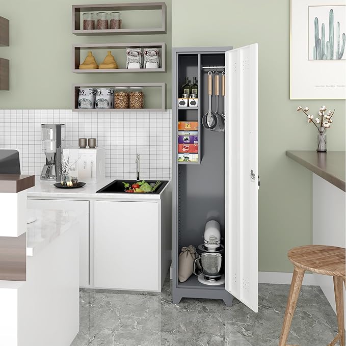 Metal Garage Storage Cabinet,Broom Closet Storage Cabinet,Utility Closet Cabinet for Garage,Office,Gym,Grey-White