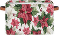 Storage Baskets Bin, Christmas Winter Poinsettia Collapsible Canvas Fabric Storage Bin Decorative Baskets Toy Organizer Rectangle Storage Boxes with Handles for Home Shelves Nursery, J-002