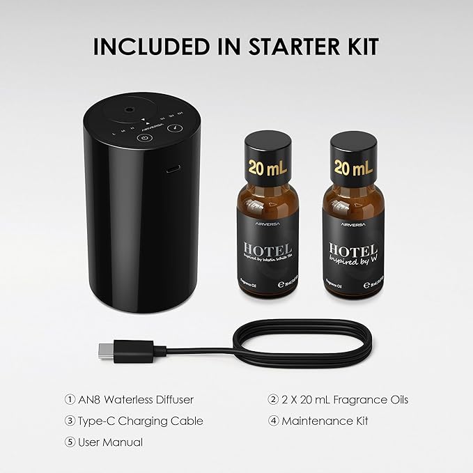 Airversa Waterless Essential Oil Diffuser Starter Kit with 2x20mL Hotel Fragrance Oils for Car Home Office, Up to 600 sq ft, Cordless Nebulizer Baterry Operated, Mist & Timer Settings AN8Kit-3, Black
