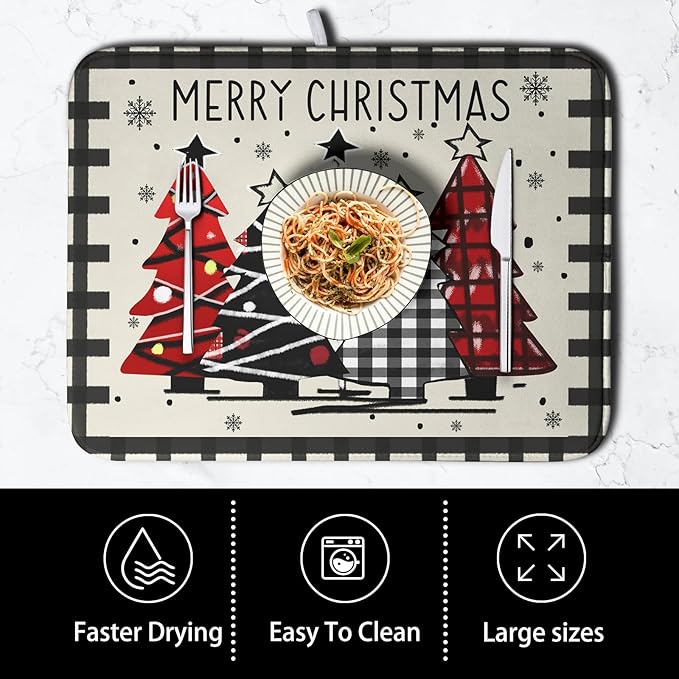 Kwlegh Merry Christmas Dish Drying Mats for Kitchen Counter 16x18 Buffalo Plaid Christmas Tree Microfiber Absorbent Drying Mat Seasonal Winter Holiday Drying Pad Dish Drainer Mat for Coffee Bar Sinks