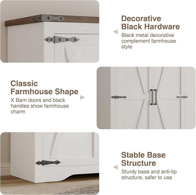 Set of 2 Farmhouse Storage Cabinet with Adjustable Shelves, Large Pantry Organize with 2 Barn Doors, Freestanding Cabinet for Kitchen, Garage, Basement, Living, Utility Room, Off-White