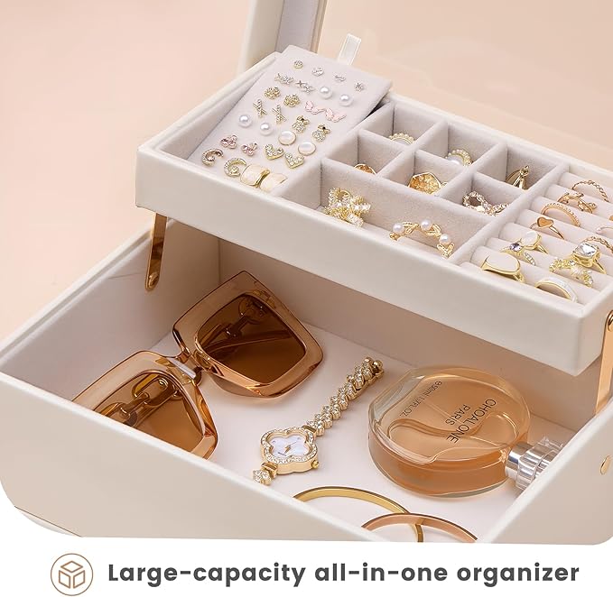 Lolalet Jewelry Box, Clear Window Jewelry Organizer with Drawer for Earrings Bracelets Necklaces Rings, Jewelry Storage for Women -White, 3 Layers